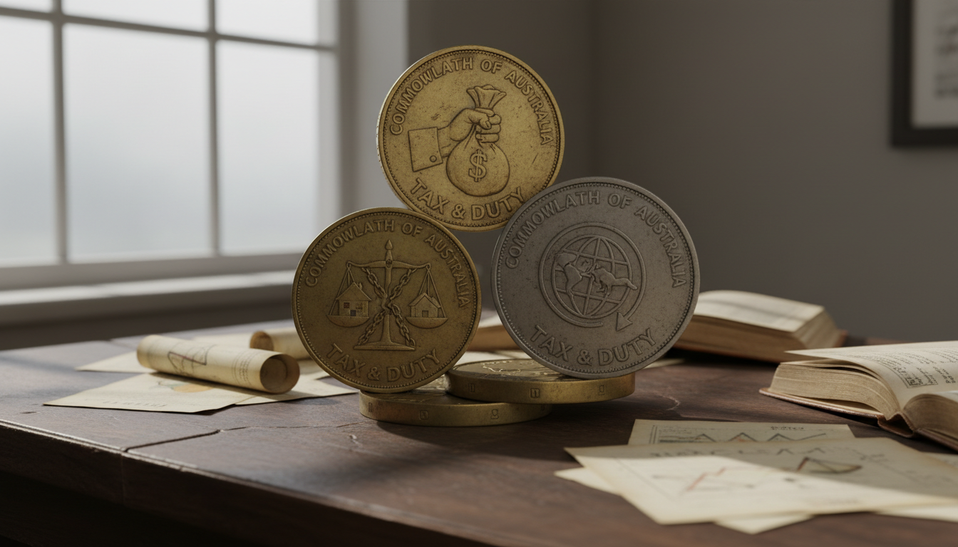 A stack of bold, oversized Australian coins made from weathered brass and silver, each coin etched with symbols representing taxation and economy, forms the central subject. The stack stands precariously on a cracked, aged desk littered with scattered financial documents, faded graphs, and vintage ledgers. Soft overcast daylight falls diagonally through a nearby frosted window, casting gentle but defined shadows, emphasizing tension. The composition uses a slightly elevated angle and rule of thirds, with focus sharp on the coins and background softly blurred. The artistic style evokes photographic realism with a modern yet critical tone, underscoring the site’s exploration of political injustice and economic reform.