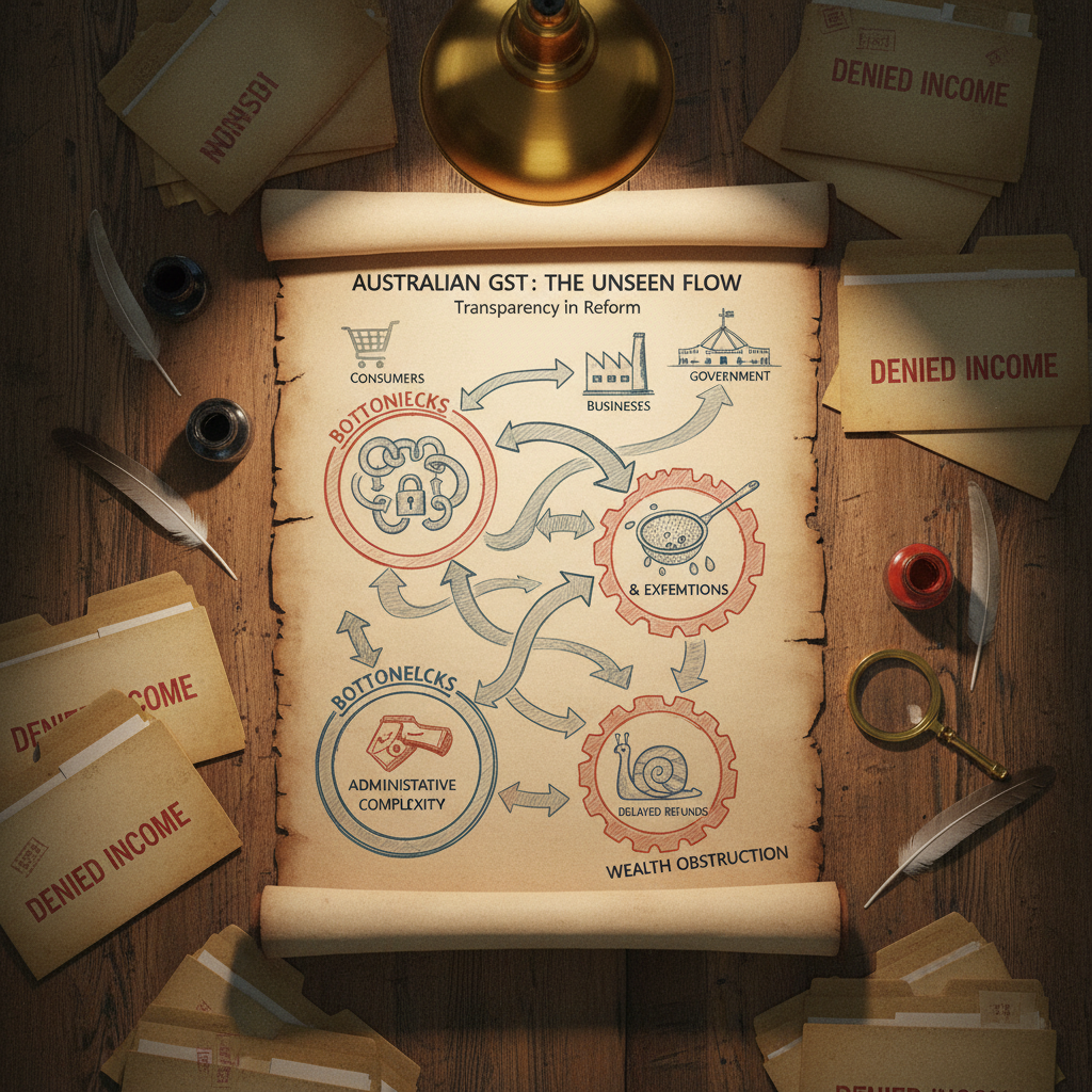 An overhead view of a detailed, hand-drawn infographic sprawling across a large parchment scroll, displaying the flow of GST in Australia with intricate arrows, bold icons, and highlighted bottlenecks where wealth is obstructed. The parchment sits atop a worn oak policy table, surrounded by antique quills, ink pots, and textured folders marked “Denied Income.” Warm pendant light from above bathes the parchment in a focused glow, casting soft, analytical shadows and accentuating the meticulous details. The rule-of-thirds composition centers key problem areas. The style is an intellectual blend of photographic realism with subtle graphic elements, reflecting the blog’s focus on transparency in reform.